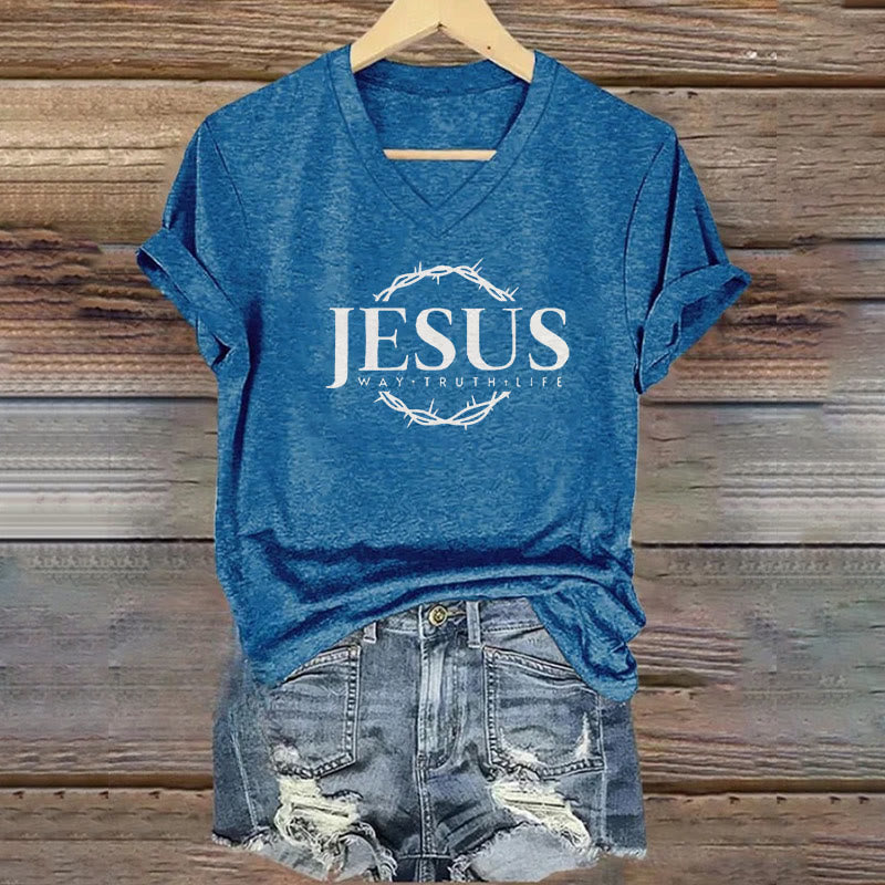 Christianartworkshop Women's Jesus Print Casual Print V-Neck T-shirt - Blue - 4XL - image 4