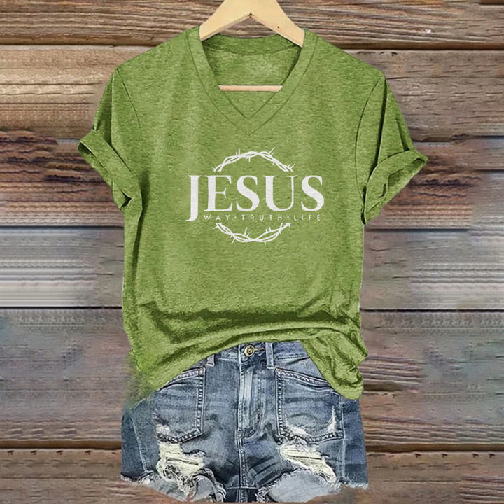 Christianartworkshop Women's Jesus Print Casual Print V-Neck T-shirt