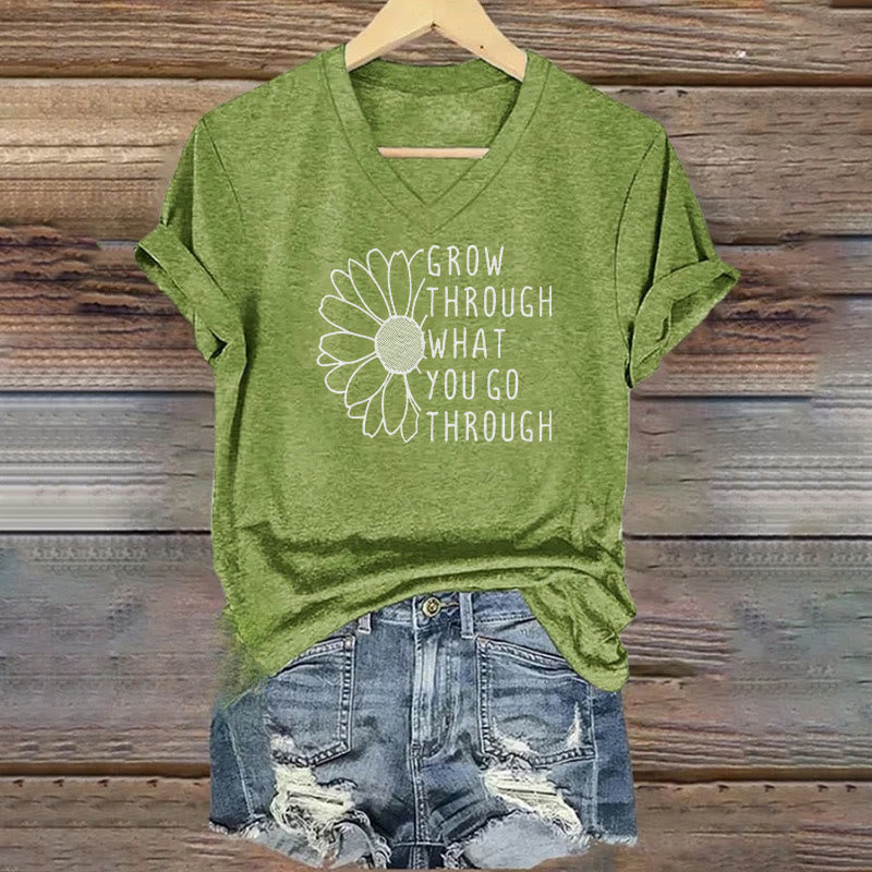 ChristianartworkshopWomen's Grow Through What You Go Through Print V-Neck T-shirt - Green - 4XL - image 5