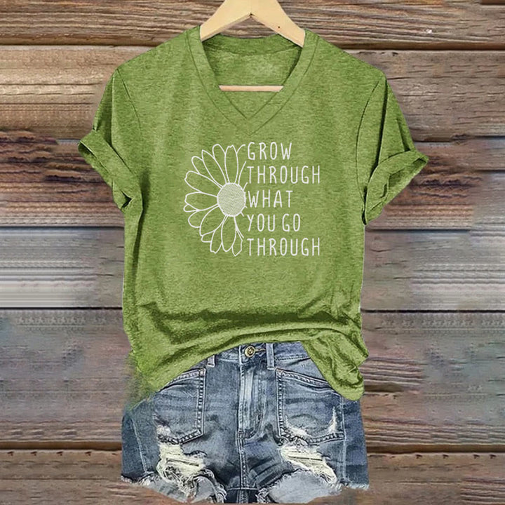 ChristianartworkshopWomen's Grow Through What You Go Through Print V-Neck T-shirt - Green - 4XL - image 5