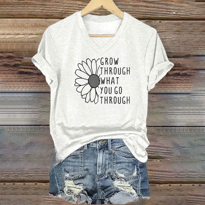ChristianartworkshopWomen's Grow Through What You Go Through Print V-Neck T-shirt - White - 4XL - image 7