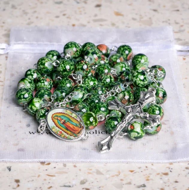 Christianartworkshop Our Lady Medal & Crucifix of 8mm Green Glass Beads Rosary—Blessed Symbol of Faith - image 8
