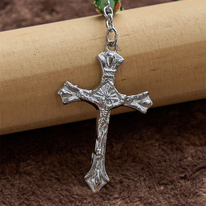 Christianartworkshop Our Lady Medal & Crucifix of 8mm Green Glass Beads Rosary—Blessed Symbol of Faith - image 5