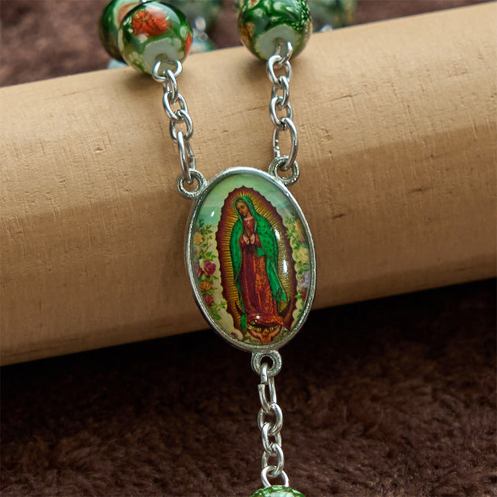 Christianartworkshop Our Lady Medal & Crucifix of 8mm Green Glass Beads Rosary—Blessed Symbol of Faith - image 4