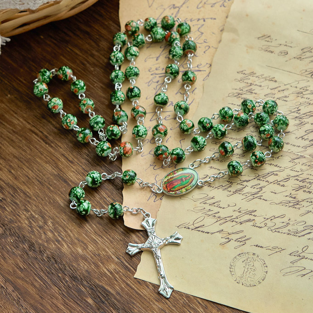 Christianartworkshop Our Lady Medal & Crucifix of 8mm Green Glass Beads Rosary—Blessed Symbol of Faith - image 2