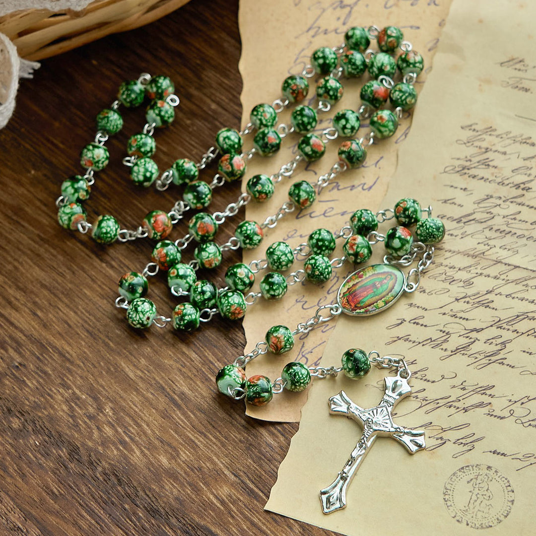 Christianartworkshop Our Lady Medal & Crucifix of 8mm Green Glass Beads Rosary—Blessed Symbol of Faith - Our Lady Medal & Crucifix - image 1