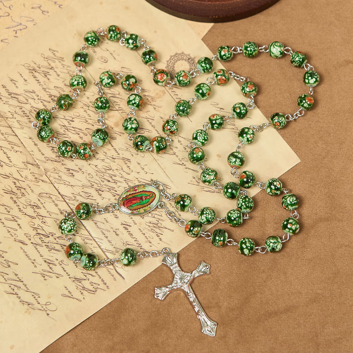 Christianartworkshop Our Lady Medal & Crucifix of 8mm Green Glass Beads Rosary—Blessed Symbol of Faith - image 7