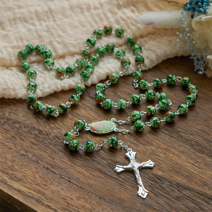 Christianartworkshop Our Lady Medal & Crucifix of 8mm Green Glass Beads Rosary—Blessed Symbol of Faith - image 3