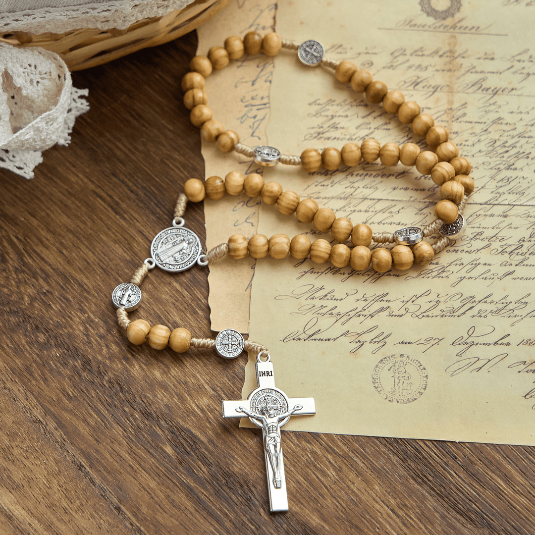 Christianartworkshop St. Benedict & Crucifix of 8mm Olive Wood Round Beads Rosary: Blessed Devotion in Every Bead - image 4