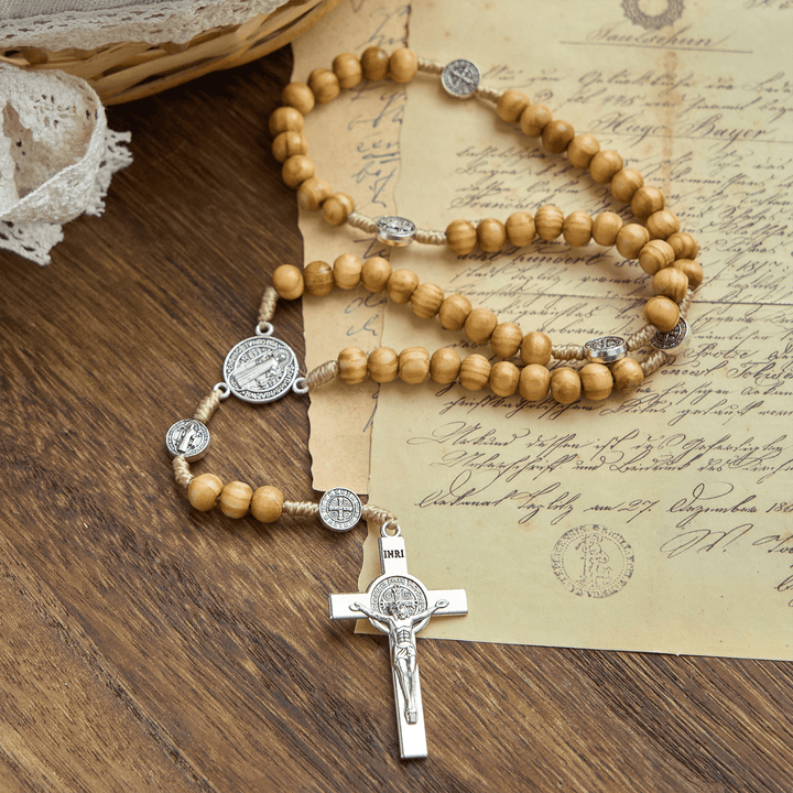Christianartworkshop St. Benedict & Crucifix of 8mm Olive Wood Round Beads Rosary: Blessed Devotion in Every Bead - image 4