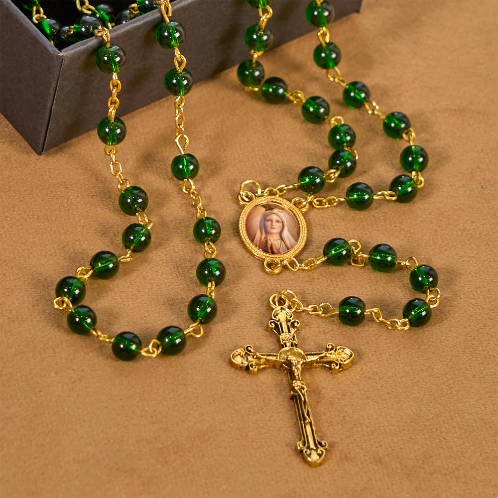 Christianartworkshop Vintage Green Glass Bead Rosary with Virgin Mary and Crucifix: Faith - Filled Heirloom - image 2