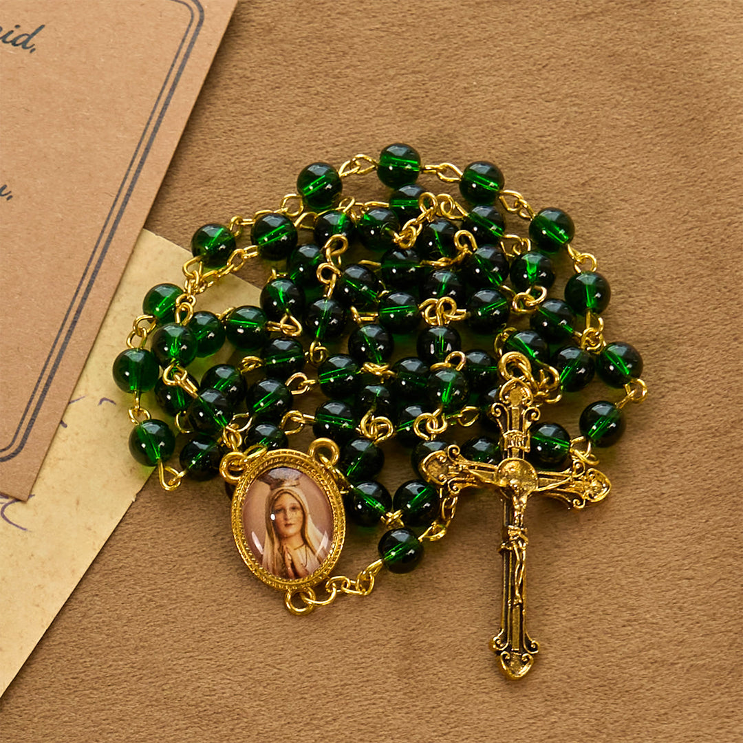 Christianartworkshop Vintage Green Glass Bead Rosary with Virgin Mary and Crucifix: Faith - Filled Heirloom - Virgin Mary Medal & Crucifix - image 1