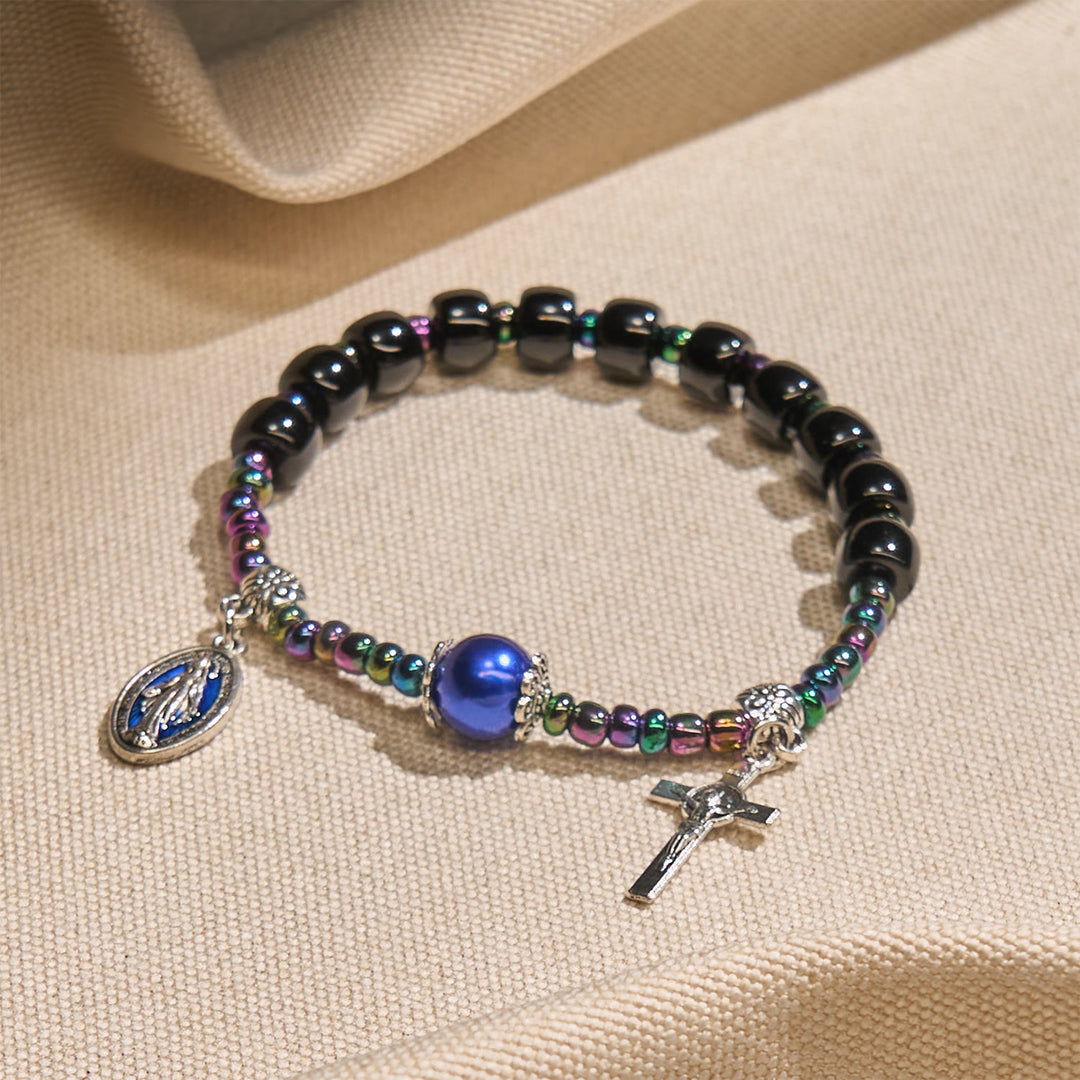 Christianartworkshop Ebony and Blue Agate with Our Lady Medal & Crucifix Bracelet - image 1