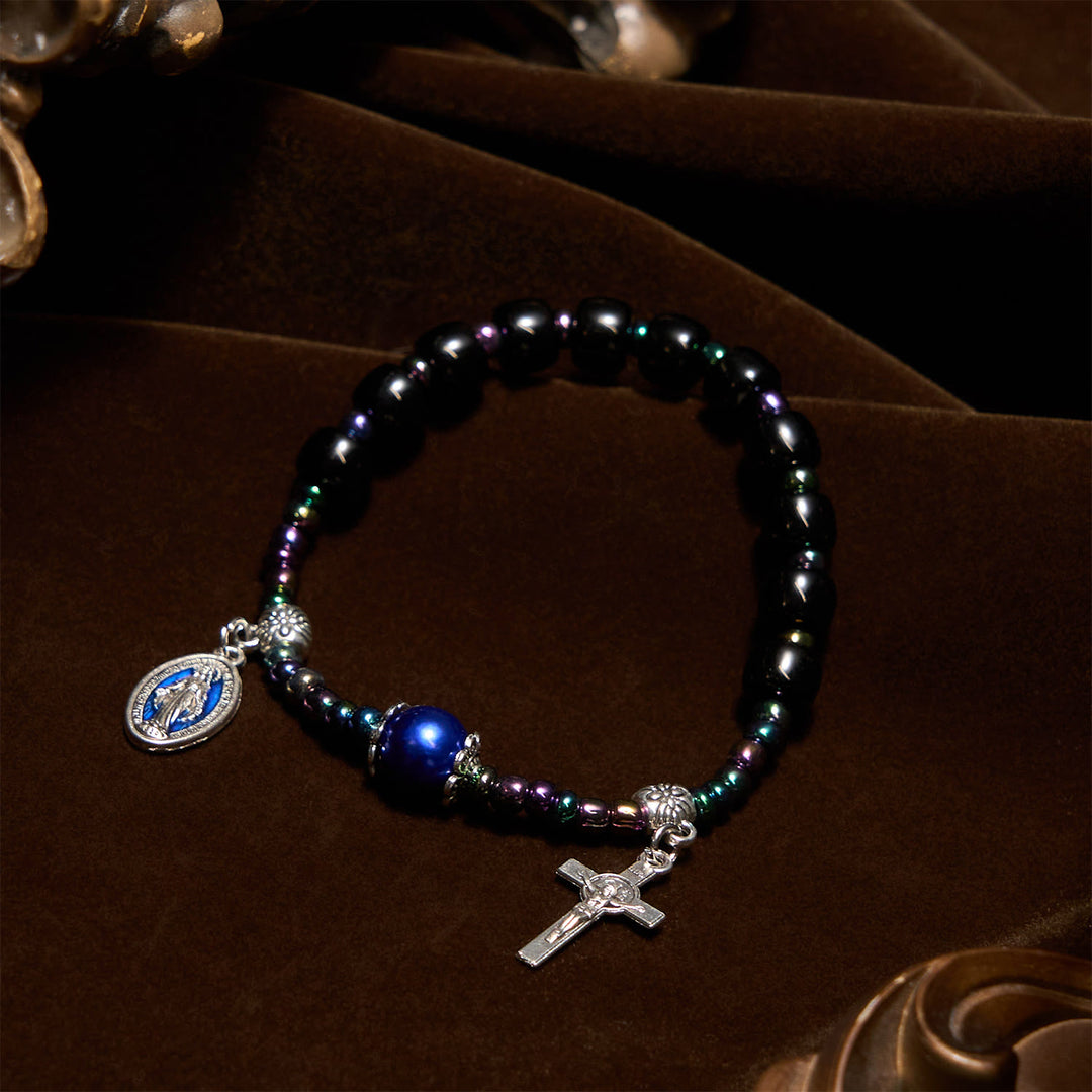 Christianartworkshop Ebony and Blue Agate with Our Lady Medal & Crucifix Bracelet - image 3