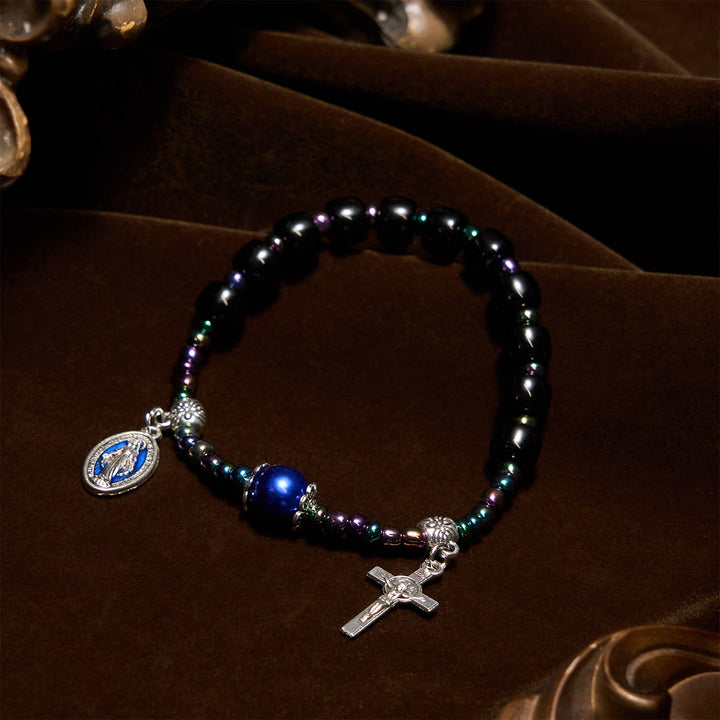 Christianartworkshop Ebony and Blue Agate with Our Lady Medal & Crucifix Bracelet - image 3