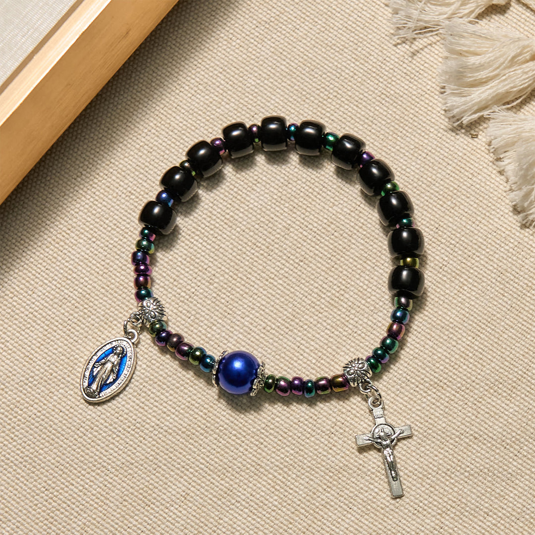 Christianartworkshop Ebony and Blue Agate with Our Lady Medal & Crucifix Bracelet - Ebony Beads - image 0