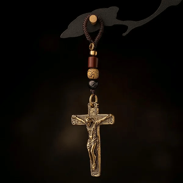 Christianartworkshop Sophisticated Metal Crucifix with Braided Rope Keychain: Exclusive Token of Divine Sacrifice