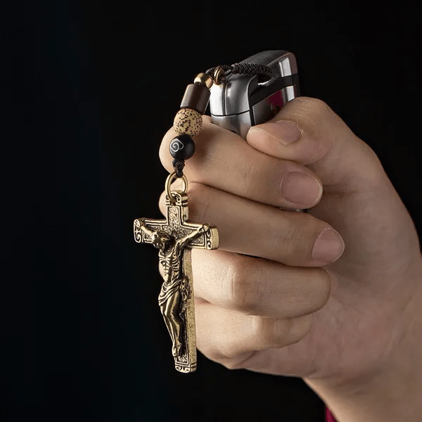 Christianartworkshop Sophisticated Metal Crucifix with Braided Rope Keychain: Exclusive Token of Divine Sacrifice