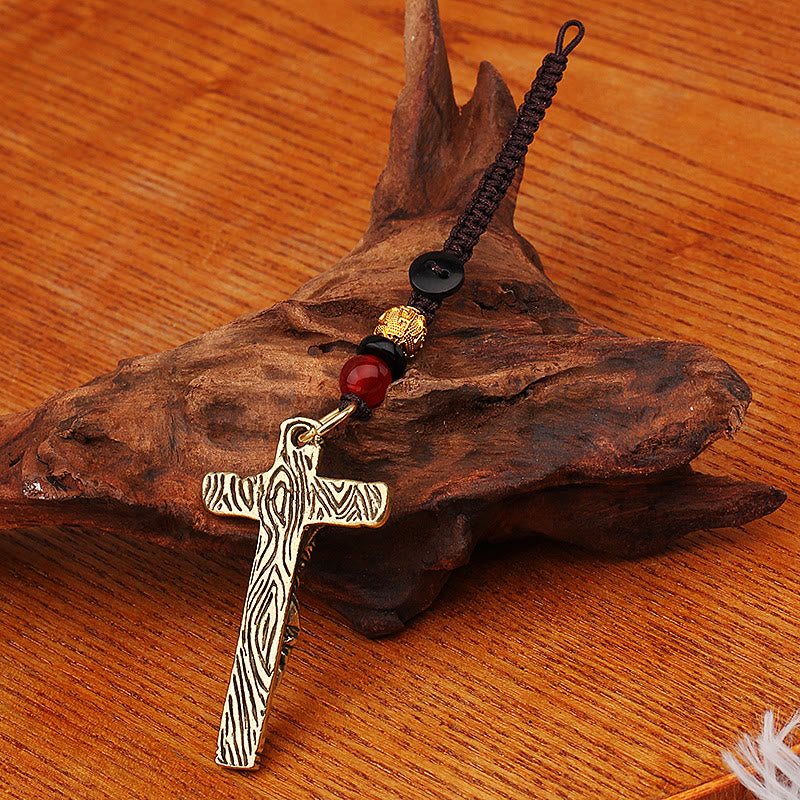 Christianartworkshop Sophisticated Metal Crucifix with Braided Rope Keychain: Exclusive Token of Divine Sacrifice