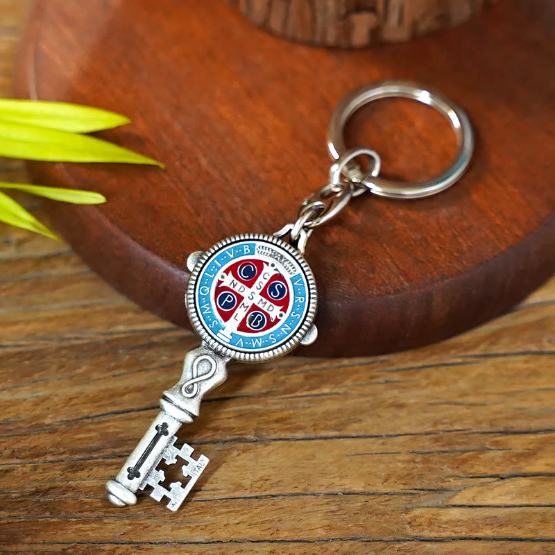 Christianartworkshop Exquisite Enamel - Inlaid St. Benedict & Cross Keychain: Memento of Divine Grace - Light Blue (A) - image 1