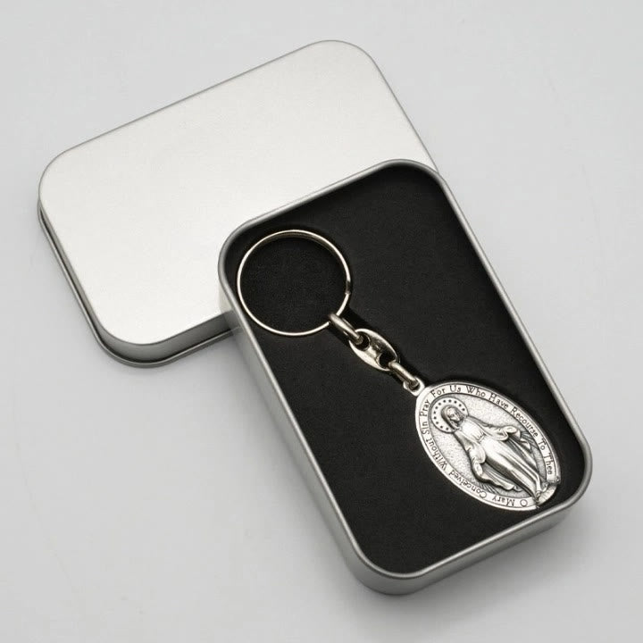 Christianartworkshop Classic Hand-Carved Mary Miraculous Medal Keychain: Graceful Sign of Devotional Faith - image 3
