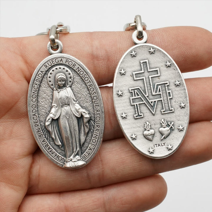 Christianartworkshop Classic Hand-Carved Mary Miraculous Medal Keychain: Graceful Sign of Devotional Faith - image 4