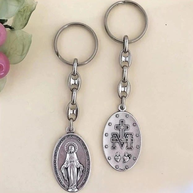 Christianartworkshop Classic Hand-Carved Mary Miraculous Medal Keychain: Graceful Sign of Devotional Faith - image 5