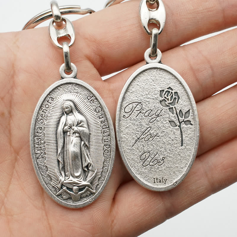Christianartworkshop Exquisite Relief - Sculpted Our Lady of Guadalupe Medal with Castilian Rose Keychain - image 1