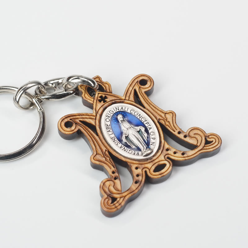 Christianartworkshop Premium Crafted Olive Wood Miraculous Medal & Enamel Virgin Mary Keychain: Memento of Mary's Devotion - image 2