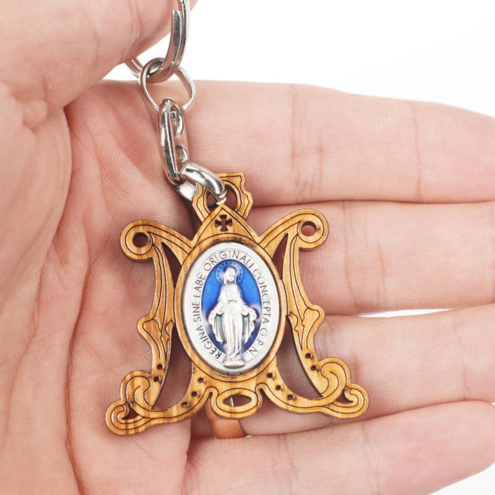 Christianartworkshop Premium Crafted Olive Wood Miraculous Medal & Enamel Virgin Mary Keychain: Memento of Mary's Devotion - image 3