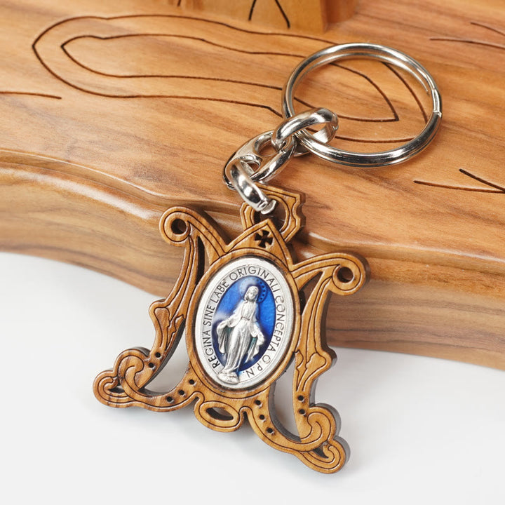 Christianartworkshop Premium Crafted Olive Wood Miraculous Medal & Enamel Virgin Mary Keychain: Memento of Mary's Devotion - Miraculous Medal - image 0
