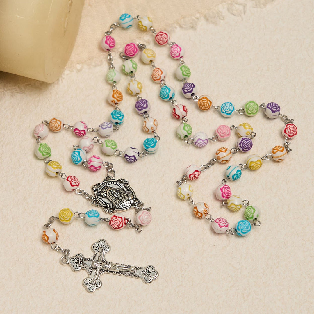 Christianartworkshop Multicolor Rose Beads with Virgin Mary Medal & Crucifix Rosary: Sacred Palette of Love - image 2