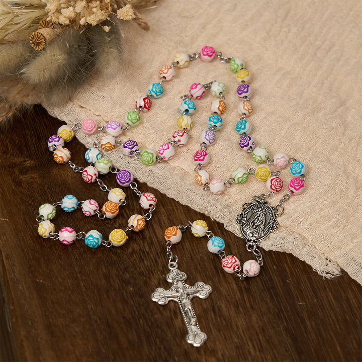 Christianartworkshop Multicolor Rose Beads with Virgin Mary Medal & Crucifix Rosary: Sacred Palette of Love - Multicolor - image 0