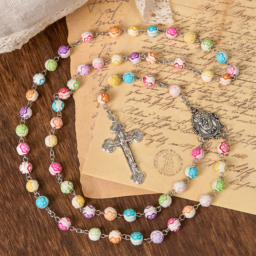 Christianartworkshop Multicolor Rose Beads with Virgin Mary Medal & Crucifix Rosary: Sacred Palette of Love - image 1