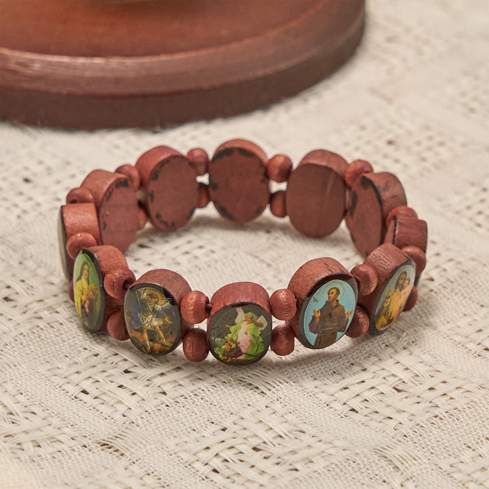 Christianartworkshop Classic Wooden Bead Stretch Bracelet with Mary, Jesus & Saints Icons - image 1