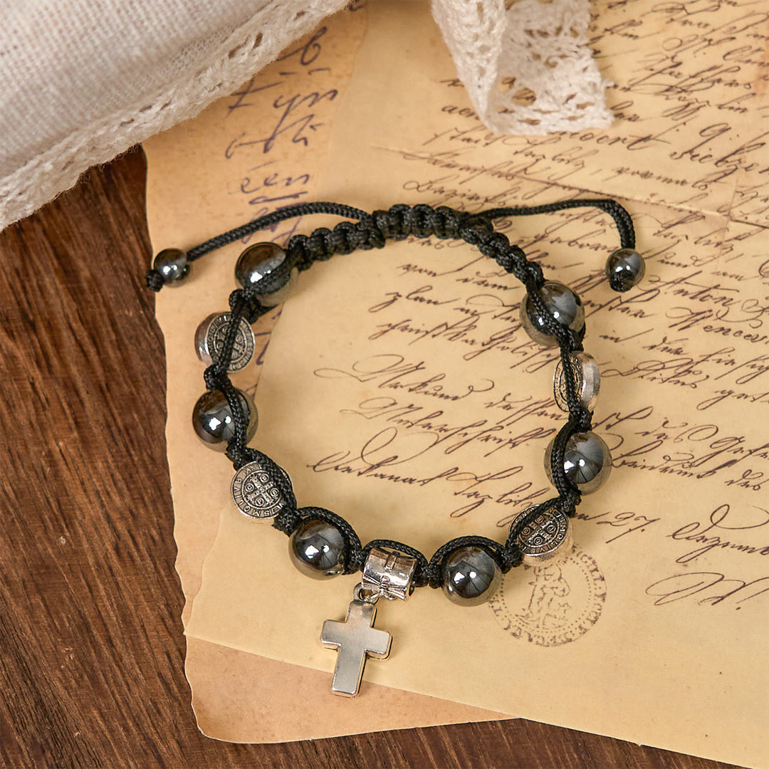 Christianartworkshop Hematite Bead Bracelet with Cross & St. Benedict: Solemn Reminder of Spiritual Roots - St. Benedict - image 0