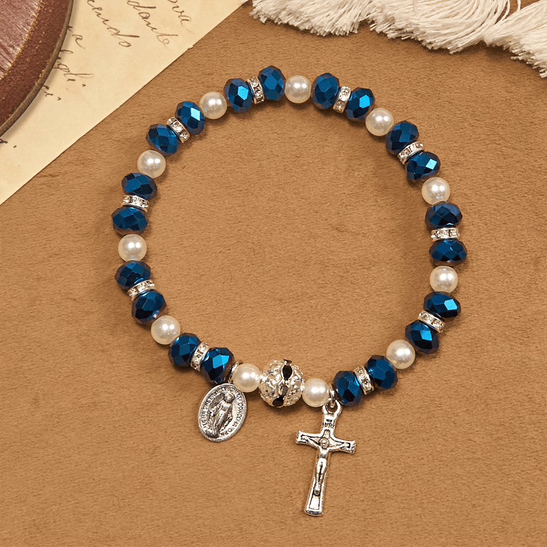 Christianartworkshop Modern Clear Crystal Stretch Braceletwith Crucifix & Miraculous Medal: Contemporary Faith Statement - image 14