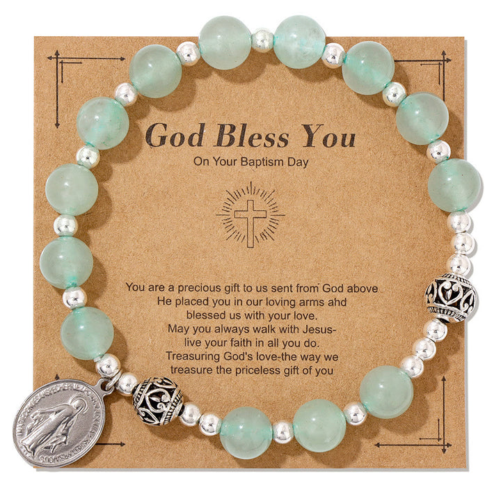 Christianartworkshop Multi-color Gemstone Stretch Bracelet with Miraculous Medal: Unique Spiritual Connection - Green Aventurine - image 2