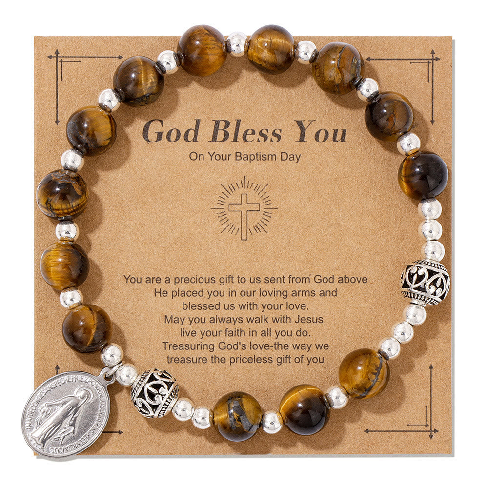 Christianartworkshop Multi-color Gemstone Stretch Bracelet with Miraculous Medal: Unique Spiritual Connection - Yellow Tiger Eye - image 3
