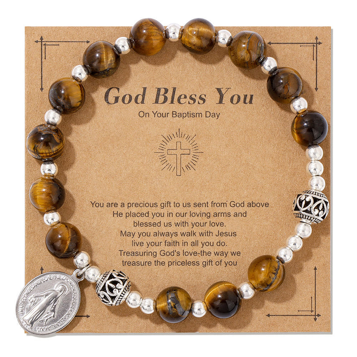 Christianartworkshop Multi-color Gemstone Stretch Bracelet with Miraculous Medal: Unique Spiritual Connection - Yellow Tiger Eye - image 3