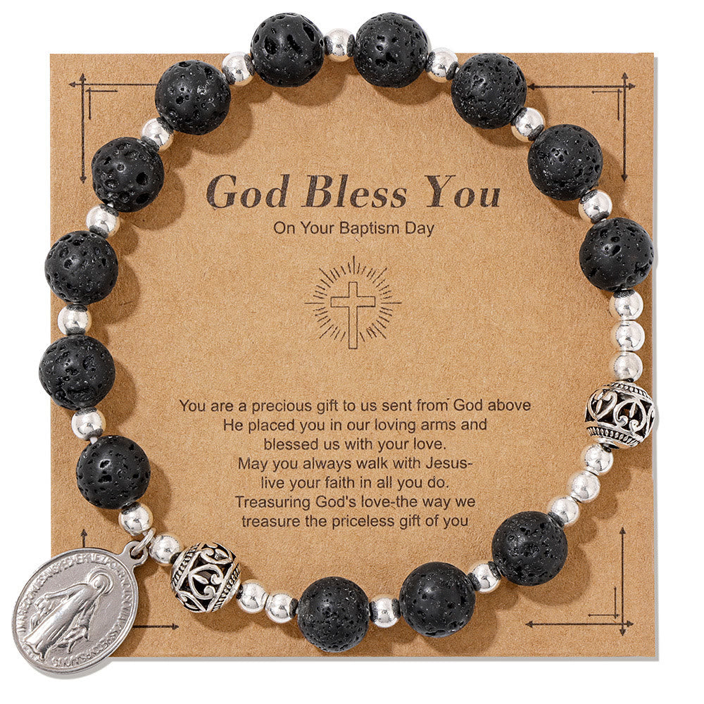 Christianartworkshop Multi-color Gemstone Stretch Bracelet with Miraculous Medal: Unique Spiritual Connection - Lava Stone - image 5