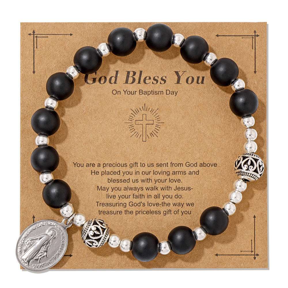 Christianartworkshop Multi-color Gemstone Stretch Bracelet with Miraculous Medal: Unique Spiritual Connection - Matte Black Onyx - image 6