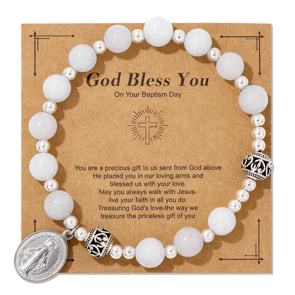 Christianartworkshop Multi-color Gemstone Stretch Bracelet with Miraculous Medal: Unique Spiritual Connection - White Howlite - image 9