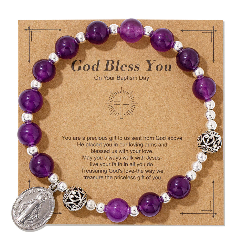 Christianartworkshop Multi-color Gemstone Stretch Bracelet with Miraculous Medal: Unique Spiritual Connection - Amethyst - image 10