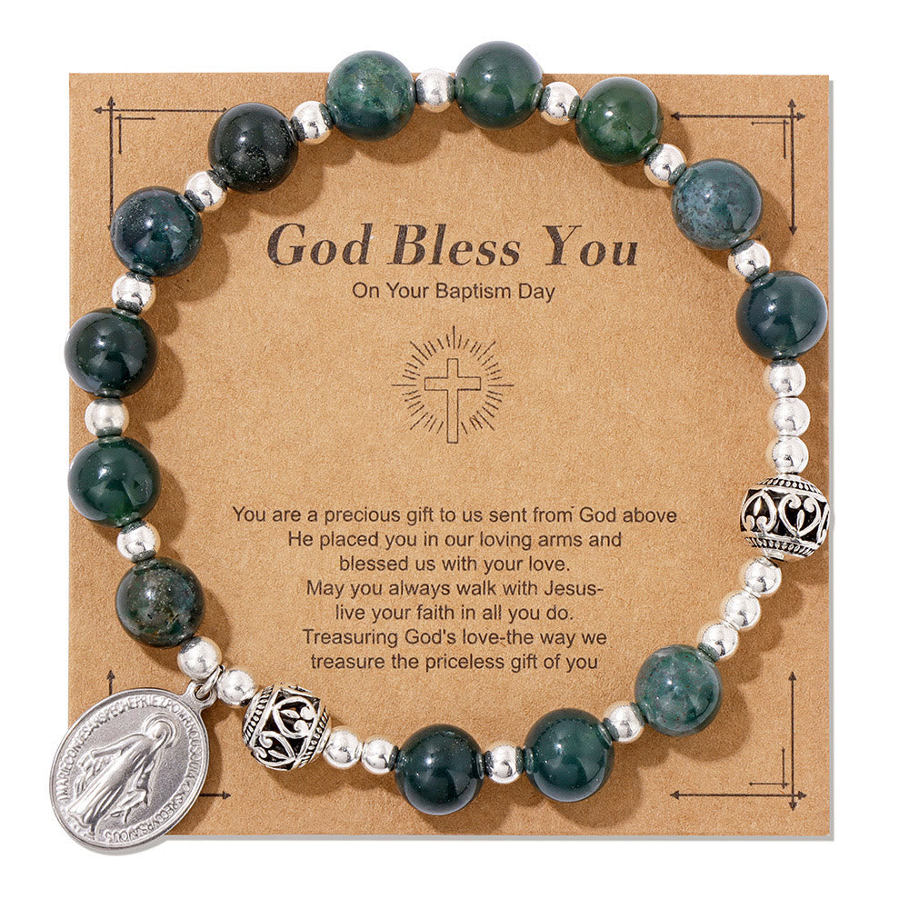 Christianartworkshop Multi-color Gemstone Stretch Bracelet with Miraculous Medal: Unique Spiritual Connection - Moss Agate - image 11