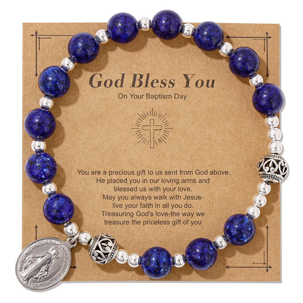 Christianartworkshop Multi-color Gemstone Stretch Bracelet with Miraculous Medal: Unique Spiritual Connection - Lapis Lazuli - image 8