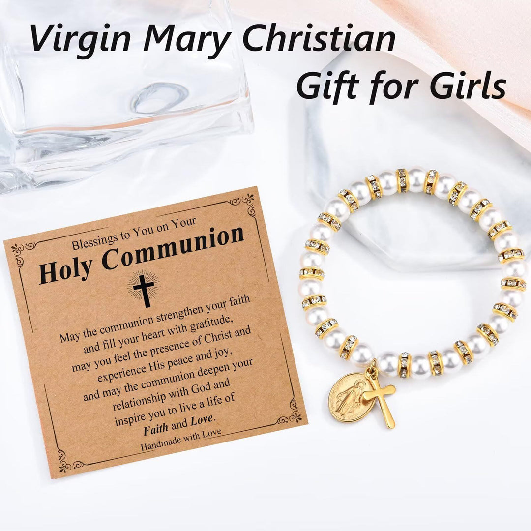 Christianartworkshop Modern Pearl Bracelet with Golden Miraculous Medal & Blessing Card: Opulent Communion - image 4
