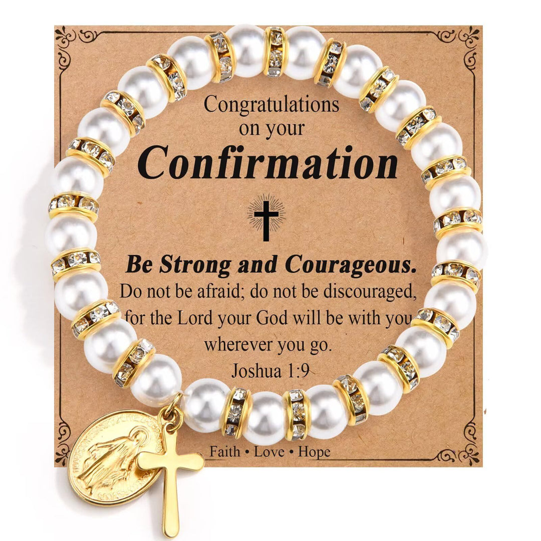 Christianartworkshop Modern Pearl Bracelet with Golden Miraculous Medal & Blessing Card: Opulent Communion - Confirmation - image 0