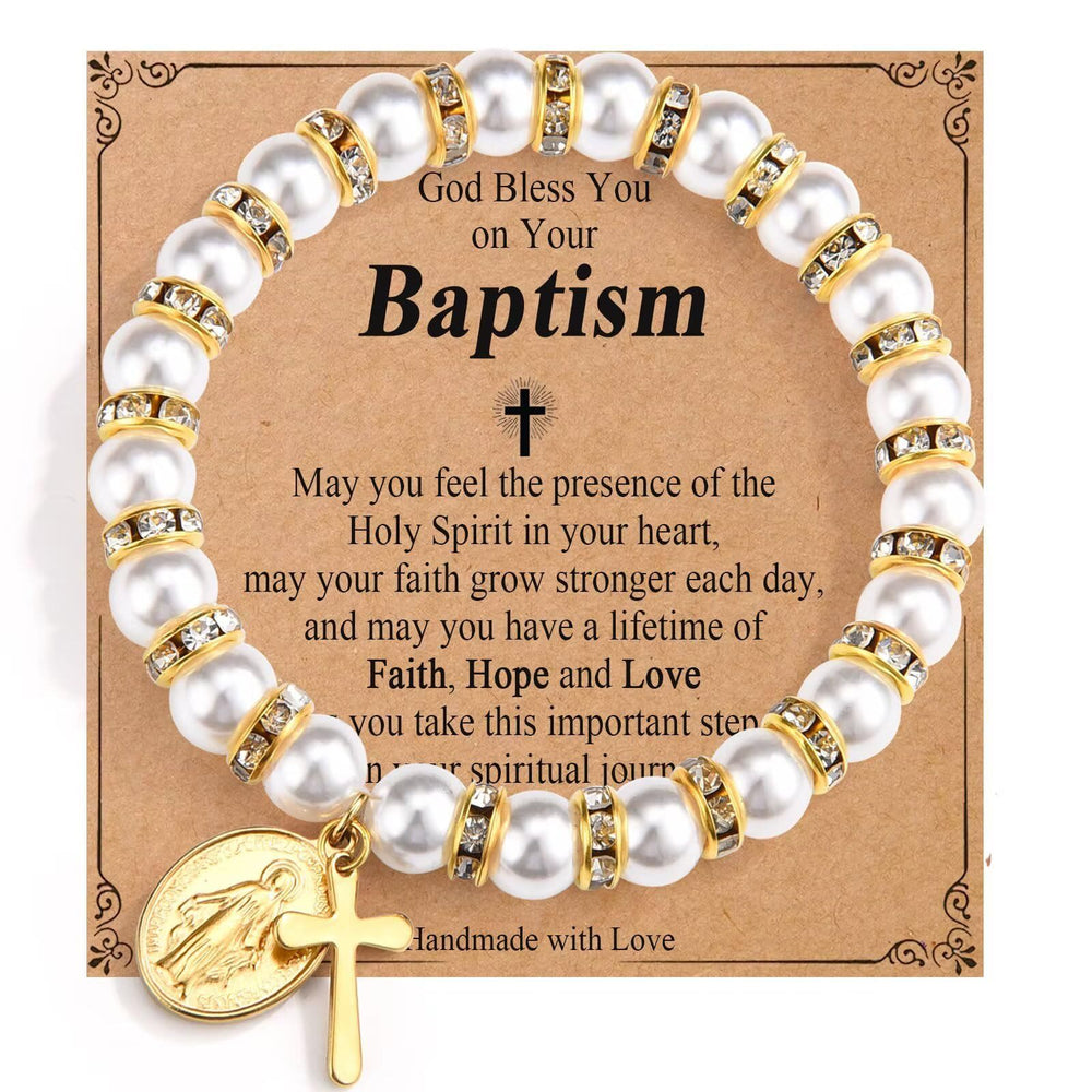 Christianartworkshop Modern Pearl Bracelet with Golden Miraculous Medal & Blessing Card: Opulent Communion - Baptism - image 1