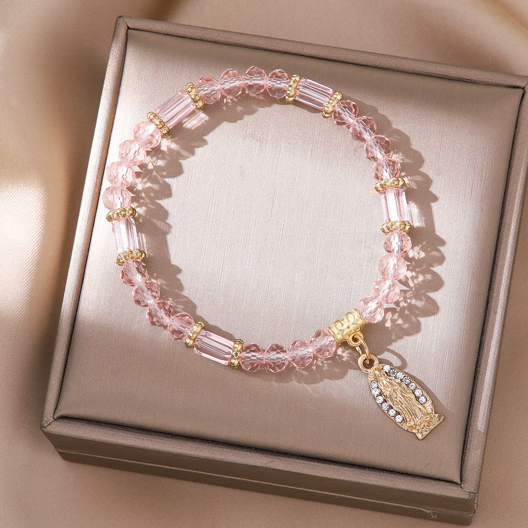 Christianartworkshop Romantic Multi-Color Clear Crystal Bracelet with Golden and Diamond Miraculous Medal - Pink - image 0